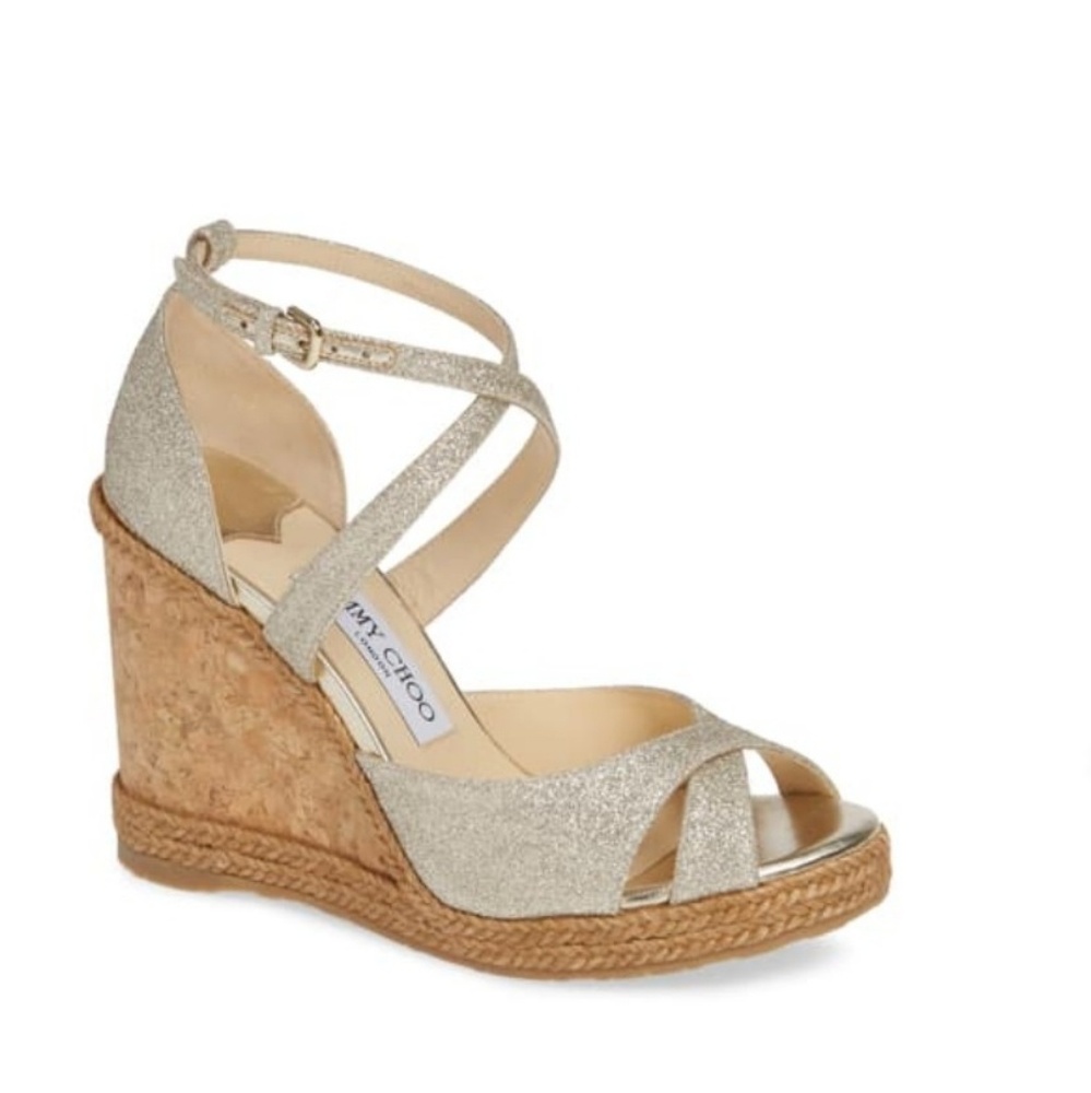 NIB Jimmy Choo Glitter Espadrille Peep Toe Wedge